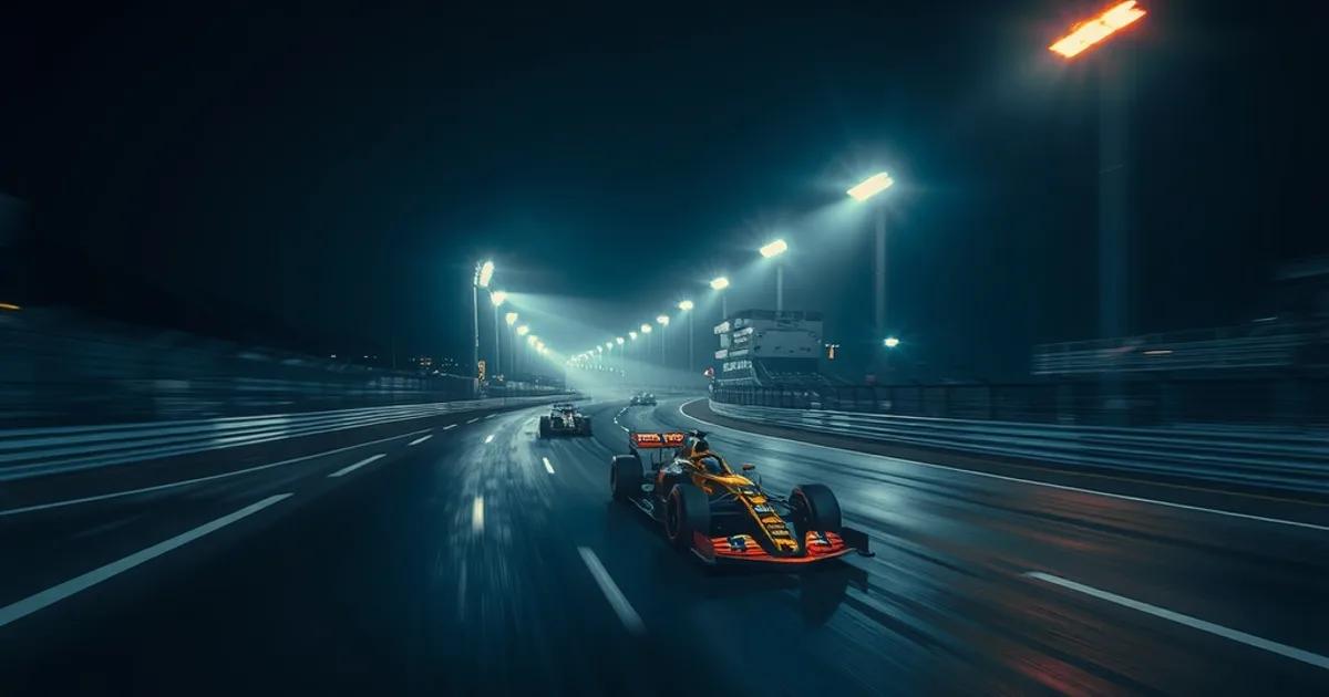 Een Formule 1-raceauto scheurt in het donker over een verlicht circuit, met lichtsporen die de snelheid benadrukken.