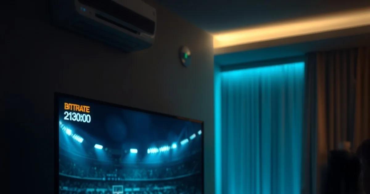 Televisiescherm met een live voetbalwedstrijd in scherp beeld en een subtiel technisch overlay met streamgegevens, in een donkere woonkamer met blauw licht
