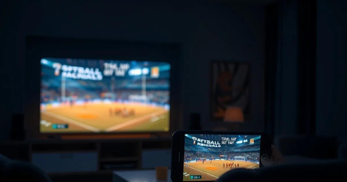 Een smart-tv en een smartphone tonen tegelijk een live voetbalwedstrijd in een donkere woonkamer, sfeer van het testen van meerdere IPTV-apps