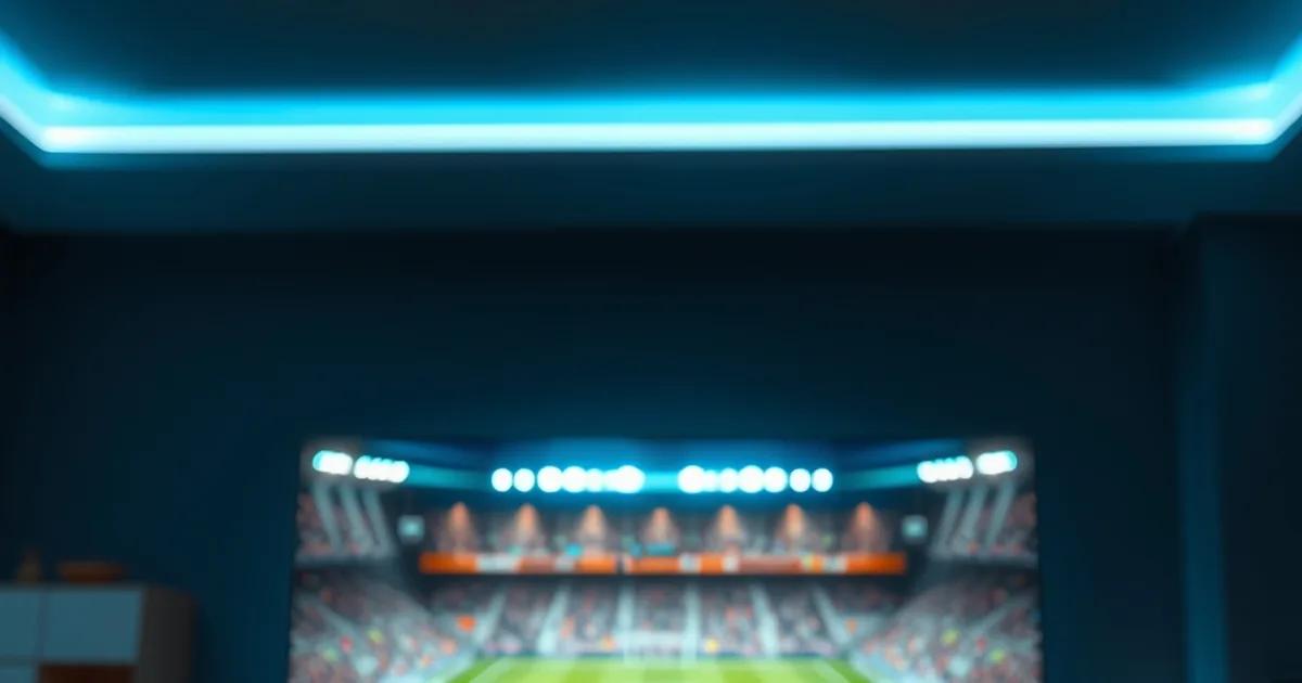 Donkere woonkamer 's avonds met een tv die een voetbalwedstrijd onder stadionverlichting toont, sfeervol blauw licht