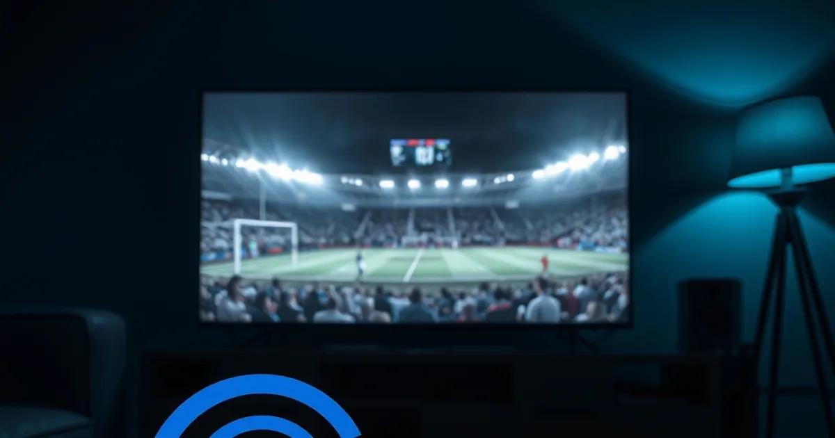 Een donkere woonkamer waar een gecast voetbalbeeld op de Smart TV bevriest terwijl een smartphone met castpictogram op tafel ligt