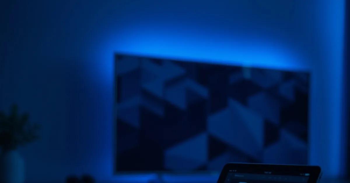 Donkere woonkamerscene met een streaming-stick, een set-top box en een tablet naast een tv die een programmagids toont, sfeervol verlicht.