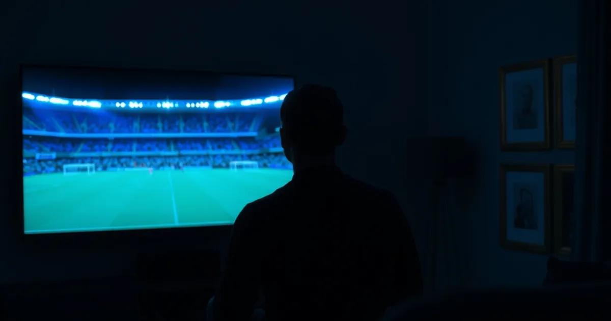 Donkere huiskamerscène met iemand die een live voetbalwedstrijd bekijkt op tv, met een tweede scherm met een programmagids ernaast