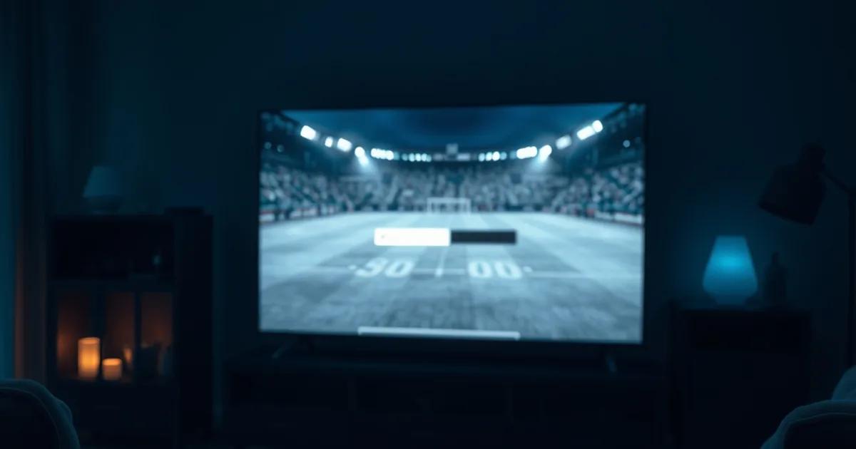 Een donkere woonkamer waarin een tv-scherm een live voetbalwedstrijd toont die precies op het moment van bufferen bevriest, met een knipperende wifi-router op de achtergrond.
