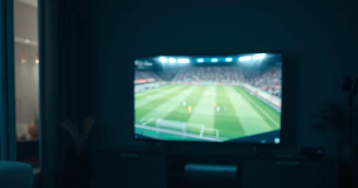 Donkere woonkamer met een smart-TV, smartphone en Firestick die tegelijk oplichten tijdens het testen van een IPTV-proefperiode