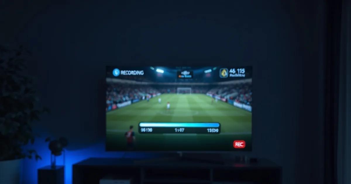 Donkere woonkamer met een tv-scherm dat een gepauzeerde voetbalwedstrijd toont met een opname-tijdlijn en een rood REC-lampje, een afstandsbediening op de bank op de voorgrond