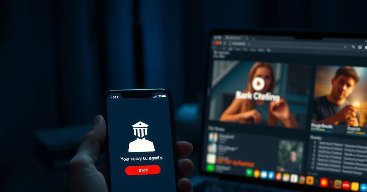 Smartphone met bankapp naast een laptop met een streaminginterface, donkere sfeer die veilig betalen voor een IPTV-proef symboliseert.