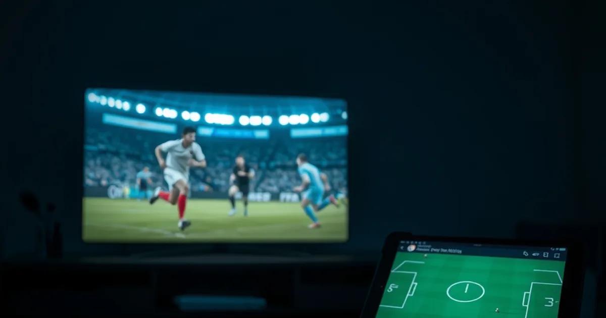 Donkere huiskamer met een 4K-voetbalwedstrijd op tv en een stopwatch-app op een telefoon ernaast tijdens een IPTV-kwaliteitstest