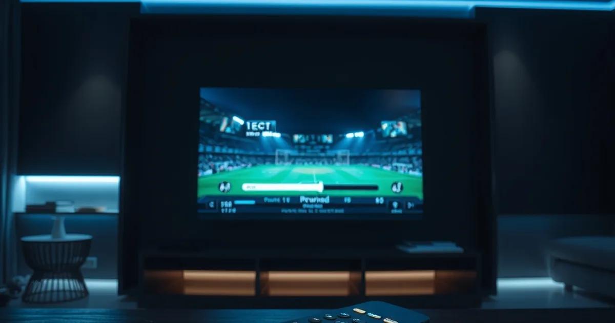 Donkere huiskamer waarin een tv-scherm een gepauzeerde voetbalwedstrijd toont met een terugspoelbalk, sfeervol verlicht door het schermlicht.