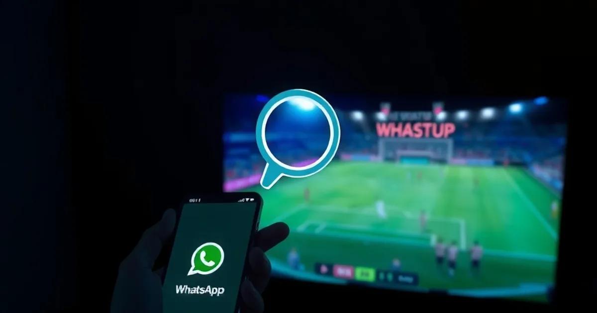 Iemand houdt een telefoon vast voor een televisiescherm met een voetbalwedstrijd, met een lichtgevend vergrootglas-symbool dat controle en verificatie symboliseert