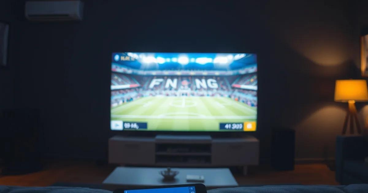 Een televisie met een bevroren, haperend voetbalbeeld in een donkere woonkamer, symbool voor een IPTV-provider die plotseling wegvalt