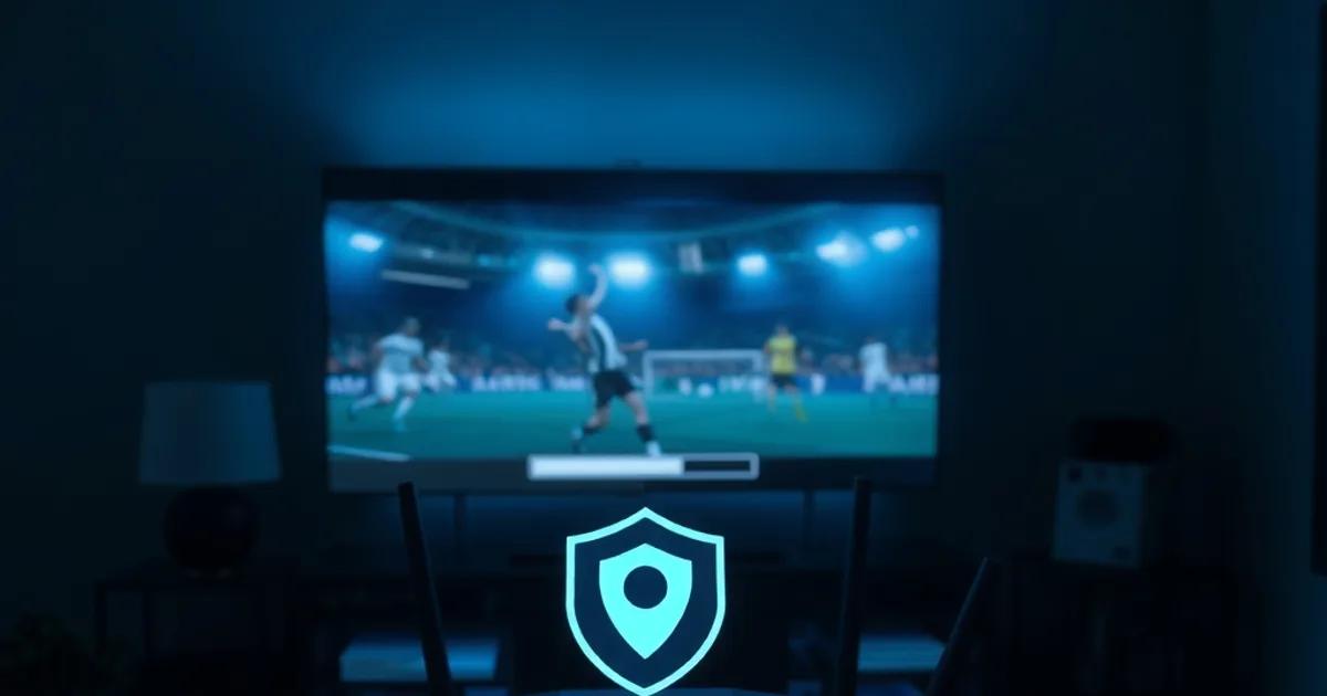 Donkere huiskamer met een bufferend voetbalscherm en een router op de achtergrond, symbool voor een IPTV-verbinding die op blokkade wordt getest