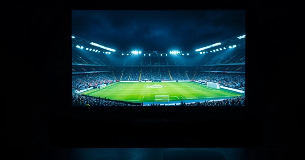 Donkere woonkamer met een televisie die een fel verlicht voetbalstadion in 4K toont, met een streamingbox en HDMI-kabel zichtbaar op de tv-kast