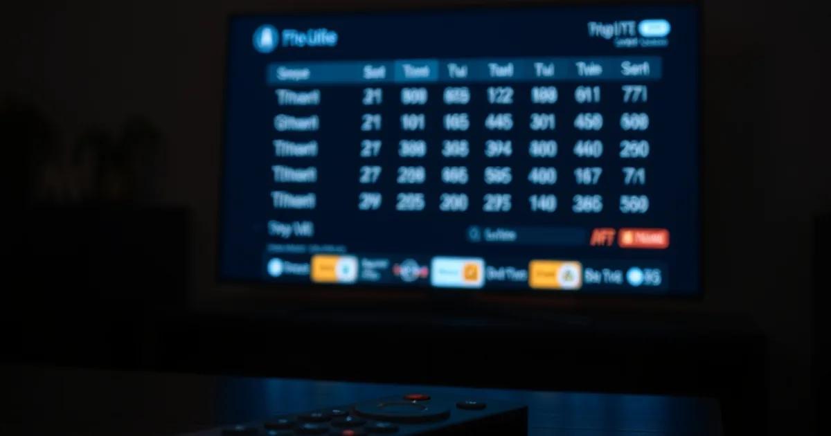 Een TV-scherm in een donkere kamer toont een programmagids-raster, met een afstandsbediening op tafel op de voorgrond