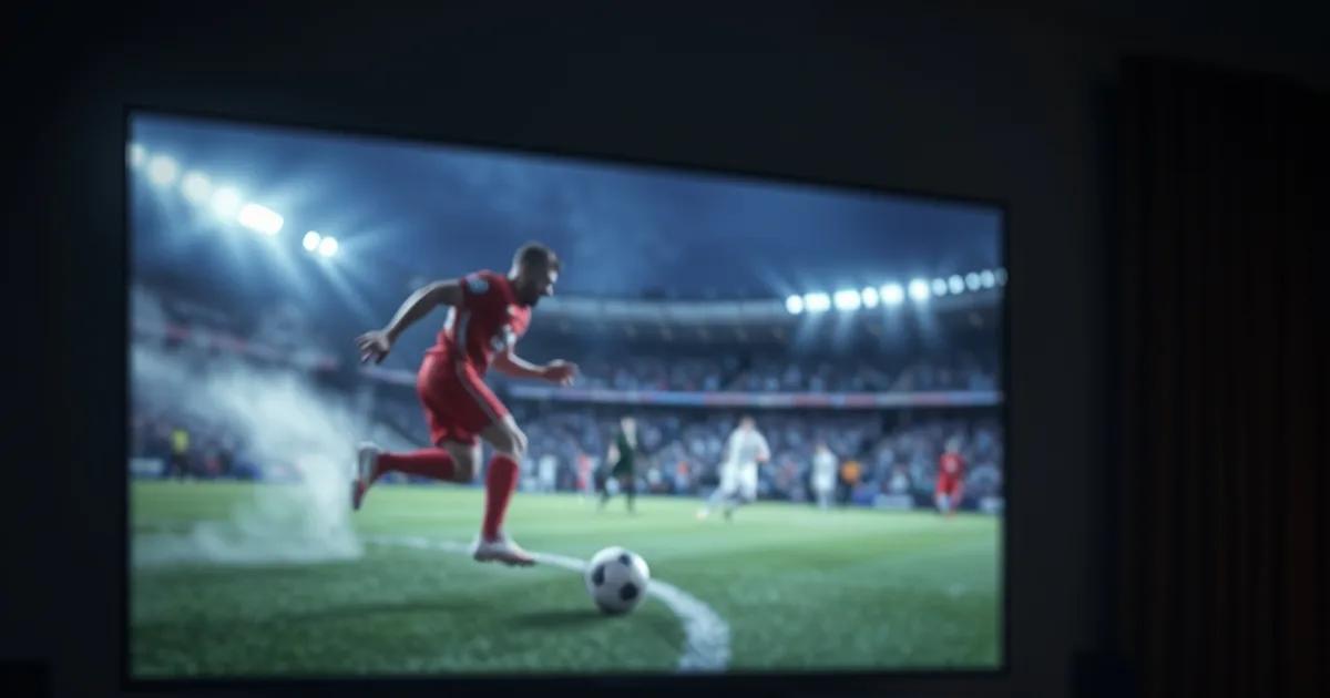 Donkere huiskamer in de avond met een voetbalwedstrijd op een grote tv en een soundbar eronder, sfeerbeeld dat de vertraging tussen beeld en geluid symboliseert