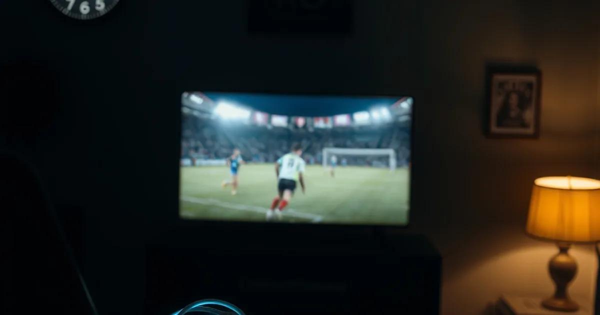 Een router met kabels op de voorgrond in een donkere kamer, met op de achtergrond een televisie die buffert tijdens een avondwedstrijd voetbal.