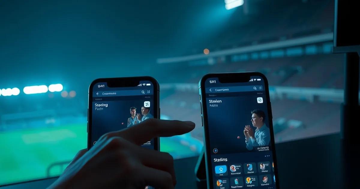 Twee smartphones naast elkaar op een donker bureau, elk met een andere streaming-app geopend, terwijl iemand ze vergelijkt.