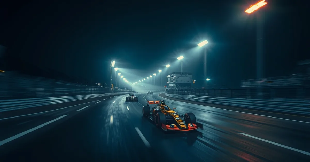 Een Formule 1-raceauto scheurt in het donker over een verlicht circuit, met lichtsporen die de snelheid benadrukken.