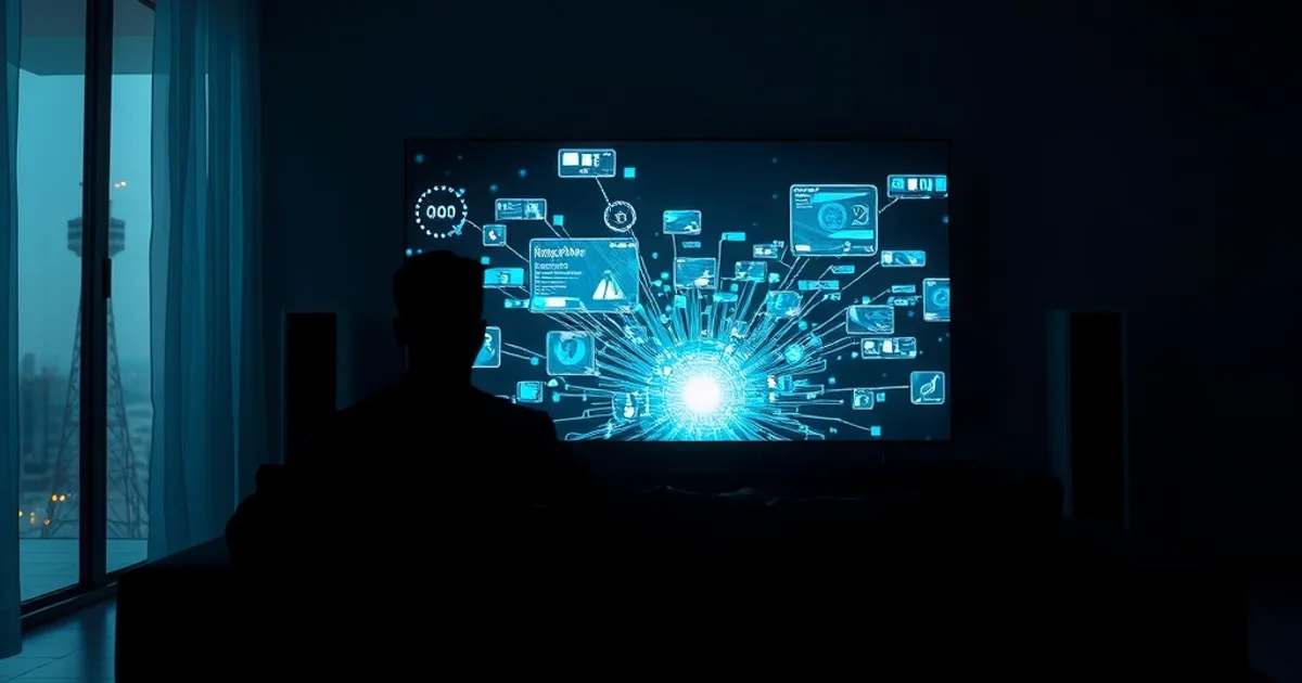 Donkere huiskamerscène met een tv die individuele datastromen toont die naar de kijker toe convergeren, symbool voor hoe IPTV per gebruiker streamt