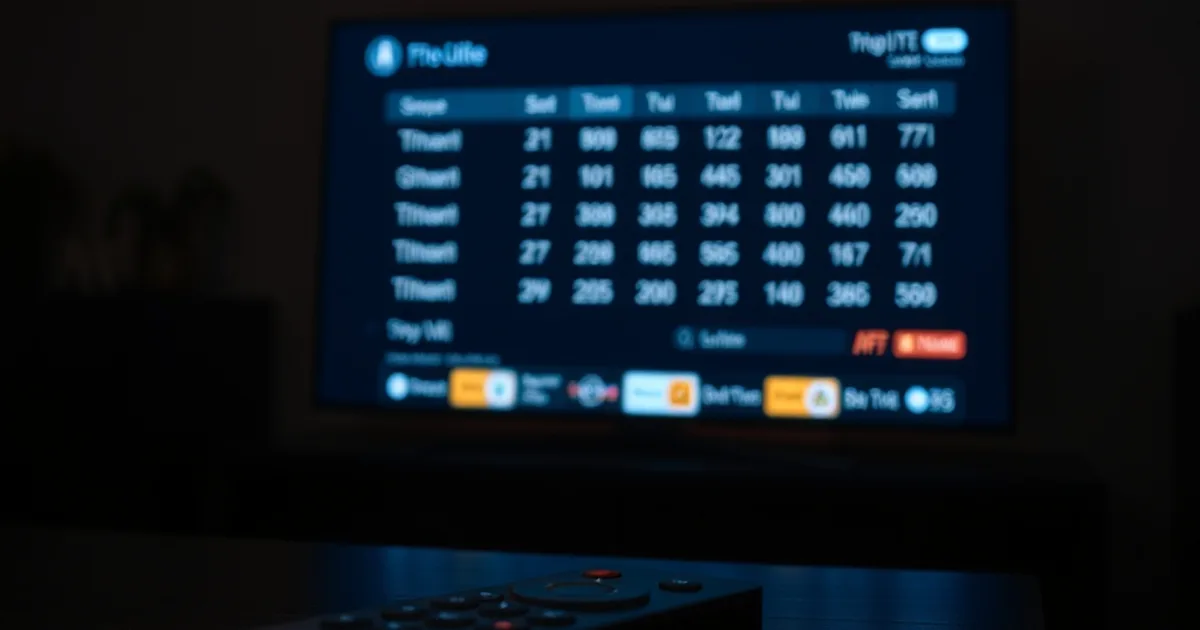 Een TV-scherm in een donkere kamer toont een programmagids-raster, met een afstandsbediening op tafel op de voorgrond