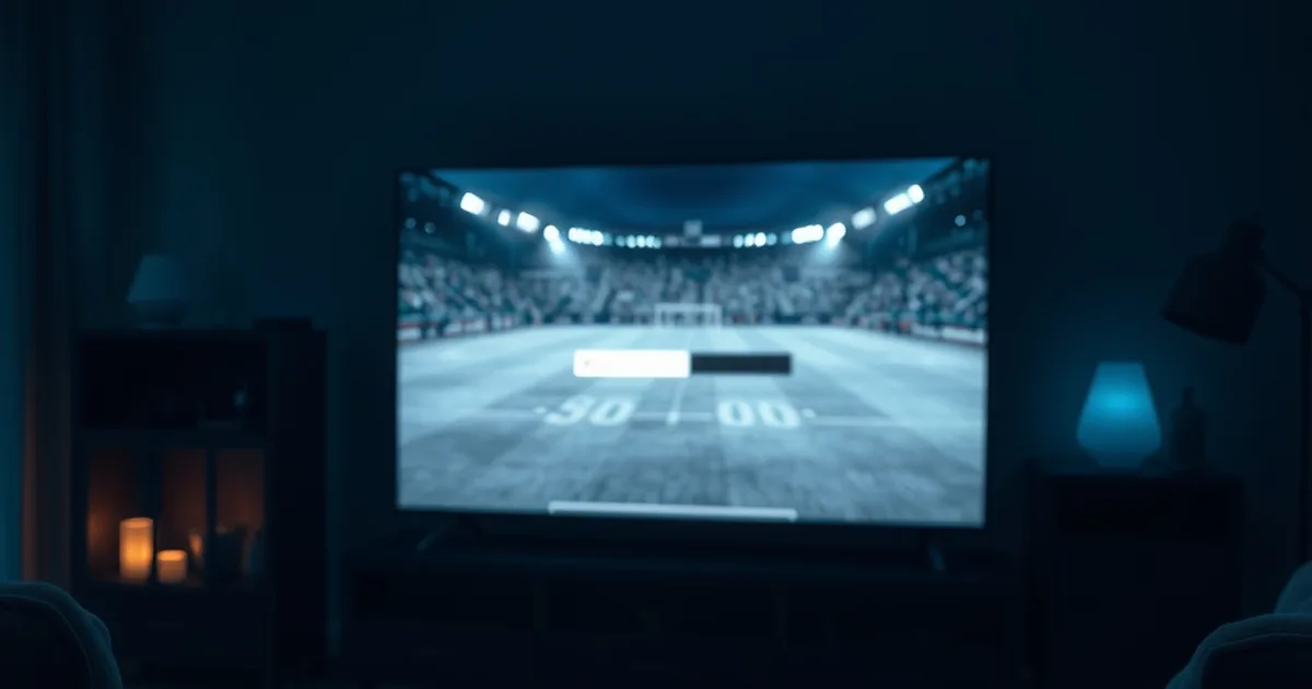 Een donkere woonkamer waarin een tv-scherm een live voetbalwedstrijd toont die precies op het moment van bufferen bevriest, met een knipperende wifi-router op de achtergrond.