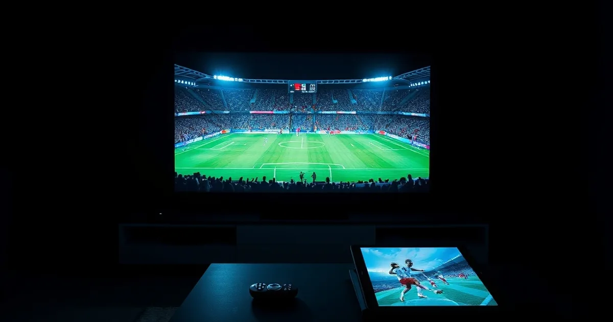 Donkere woonkamer 's avonds, tv toont een live voetbalwedstrijd terwijl een tablet naast de afstandsbediening ligt, sfeer van een stress-test tijdens piekbelasting