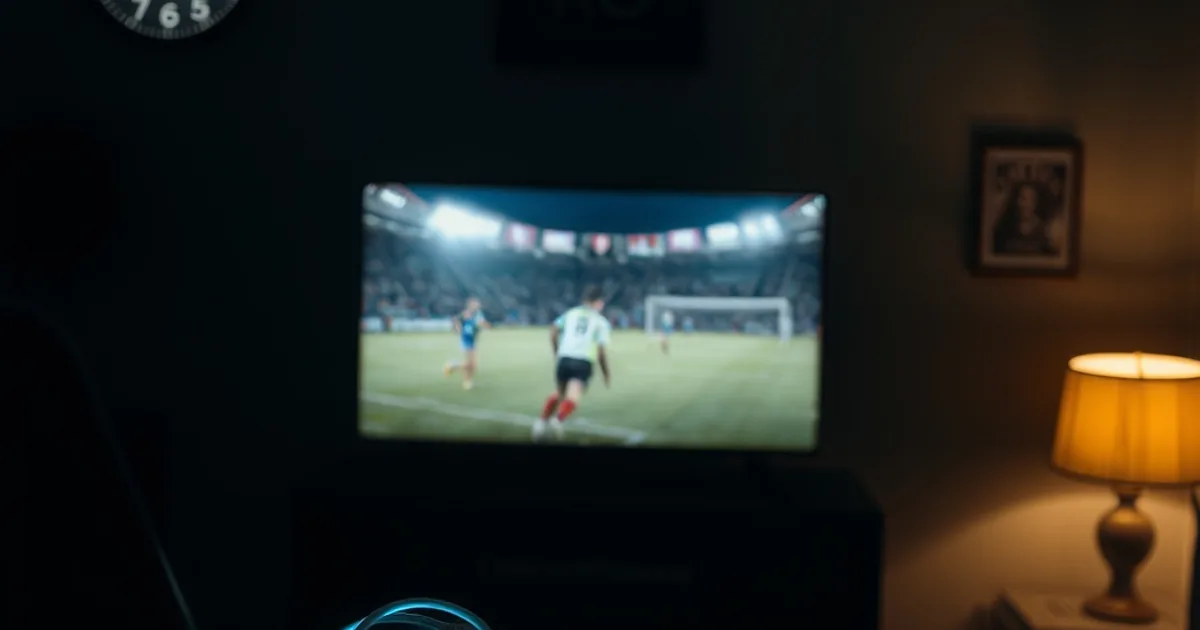 Een router met kabels op de voorgrond in een donkere kamer, met op de achtergrond een televisie die buffert tijdens een avondwedstrijd voetbal.
