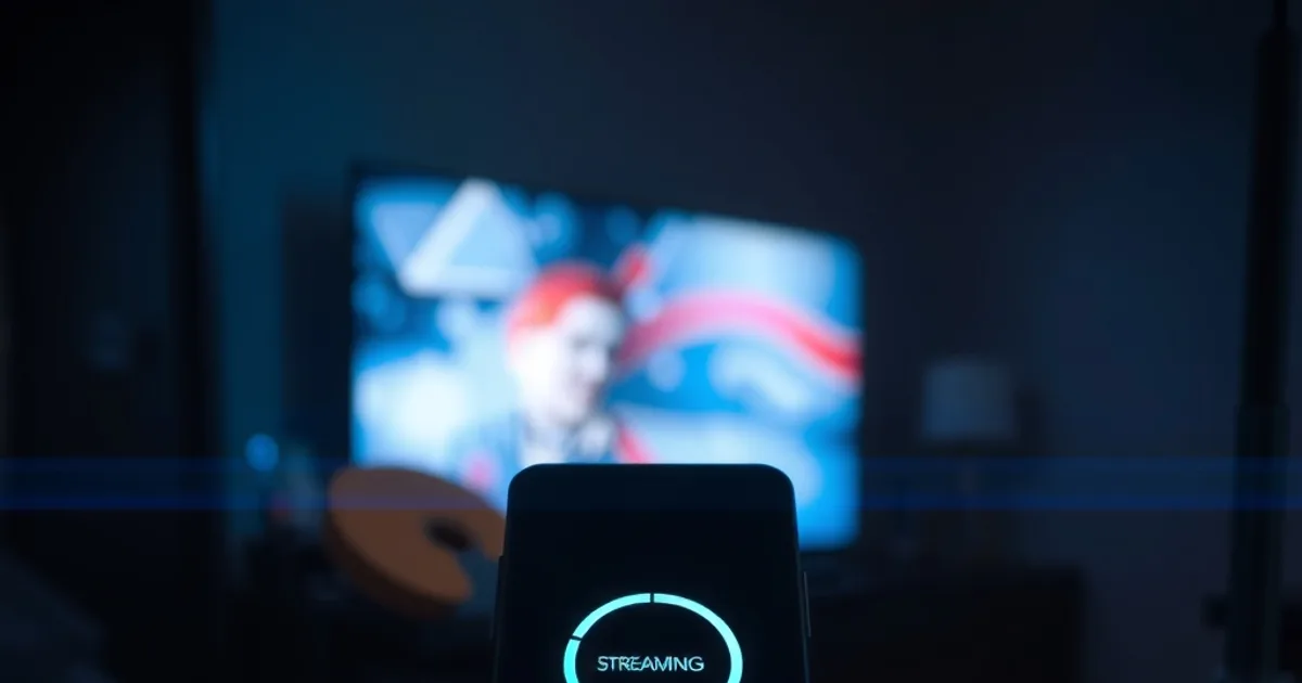 Smartphone met een vastlopende laadindicator in een donkere kamer, met een router op de achtergrond, symbool voor een IPTV-app die de M3U-playlist niet laadt