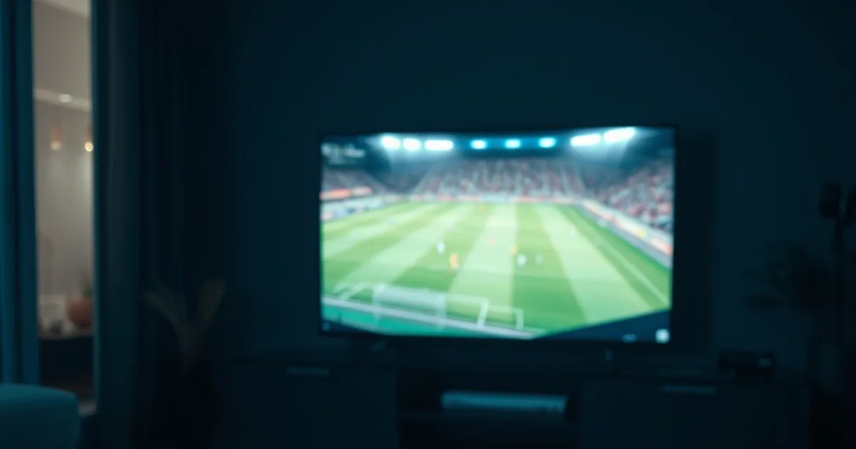 Donkere woonkamer met een smart-TV, smartphone en Firestick die tegelijk oplichten tijdens het testen van een IPTV-proefperiode