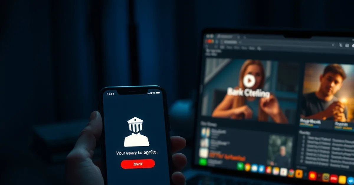 Smartphone met bankapp naast een laptop met een streaminginterface, donkere sfeer die veilig betalen voor een IPTV-proef symboliseert.