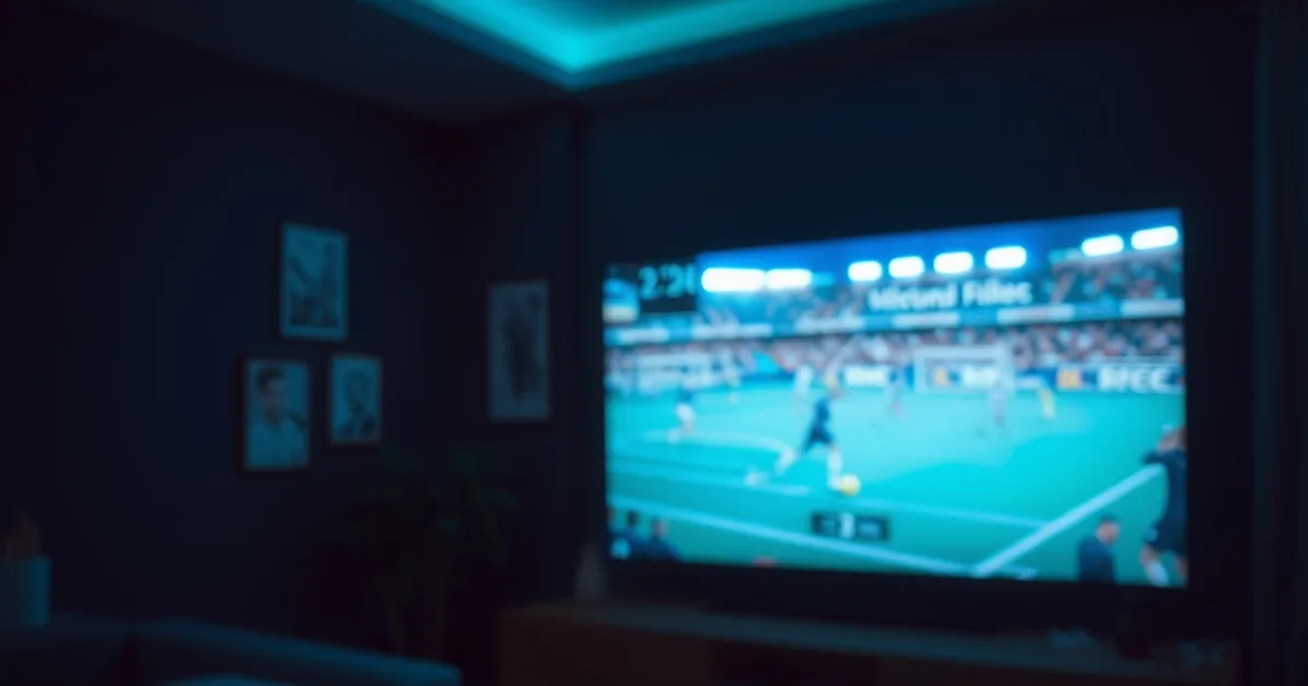 Donkere woonkamer verlicht door een televisie die een live voetbalwedstrijd toont, met een afstandsbediening op de voorgrond