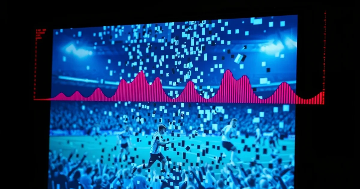 Een televisiescherm toont een voetbalwedstrijd die haperend bevriest met zichtbare pixelblokken, in een donkere kamer verlicht door koud schermlicht.