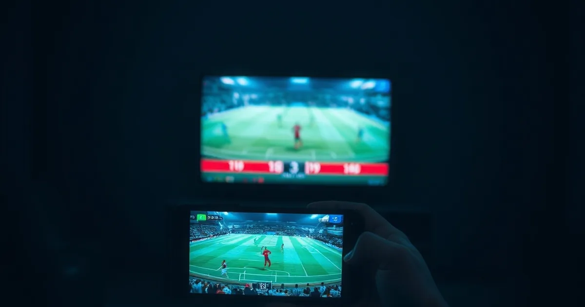 Donkere woonkamer in de avond met een televisie die een voetbalwedstrijd toont naast een smartphone met dezelfde livestream, sfeer van het testen van een IPTV-verbinding tijdens een wedstrijd.