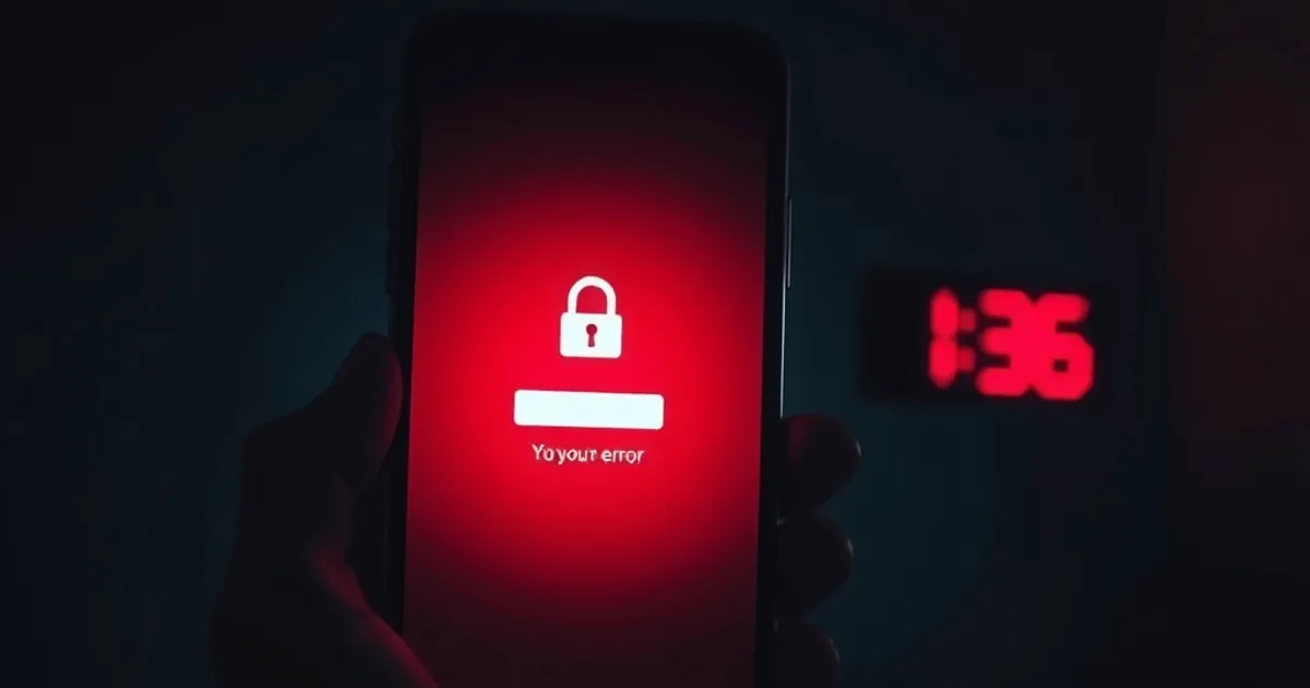 Smartphone met een rode inlogfout-melding in een donkere kamer, met een vaag zichtbare aftellende timer op de achtergrond