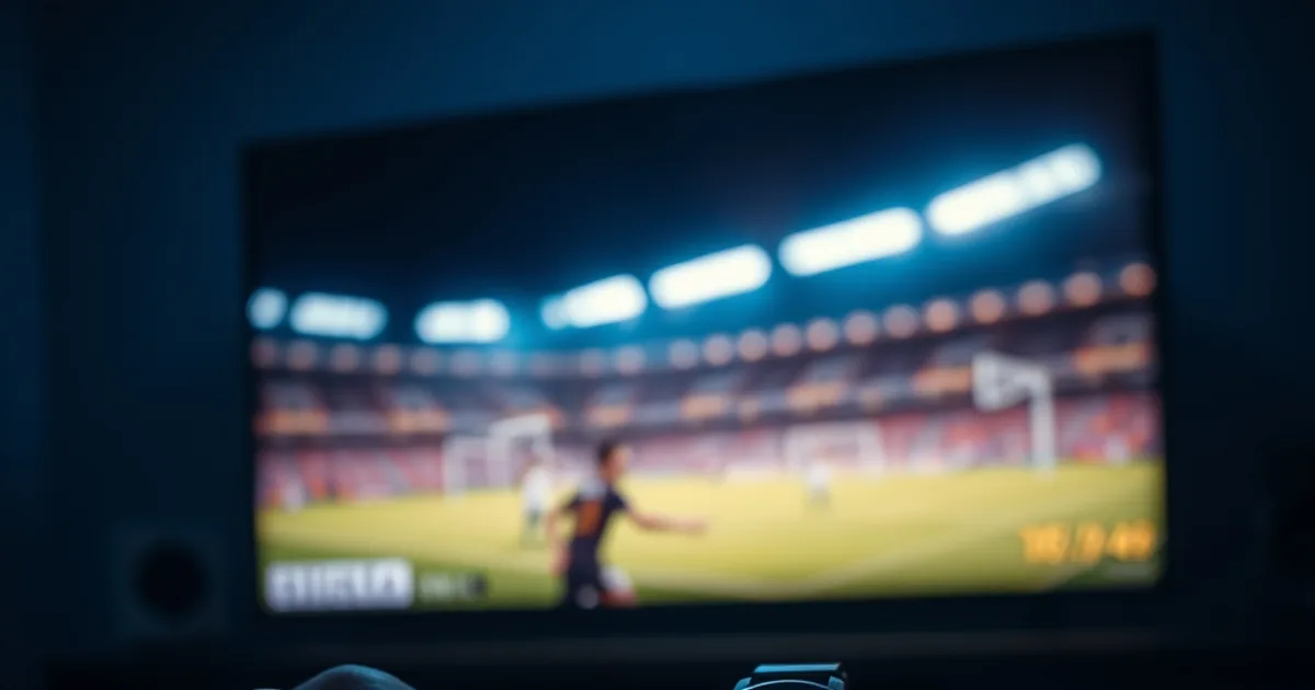 Close-up van een stopwatch naast een tv-afstandsbediening, met op de achtergrond een wazig scherm met een voetbalwedstrijd in de avond