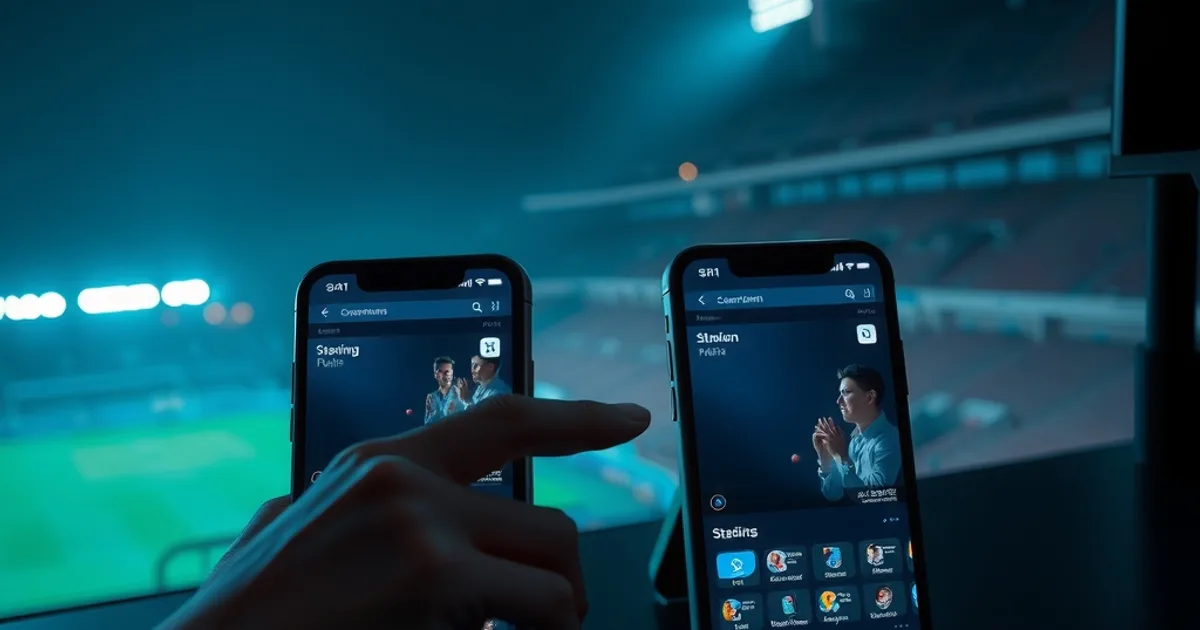 Twee smartphones naast elkaar op een donker bureau, elk met een andere streaming-app geopend, terwijl iemand ze vergelijkt.