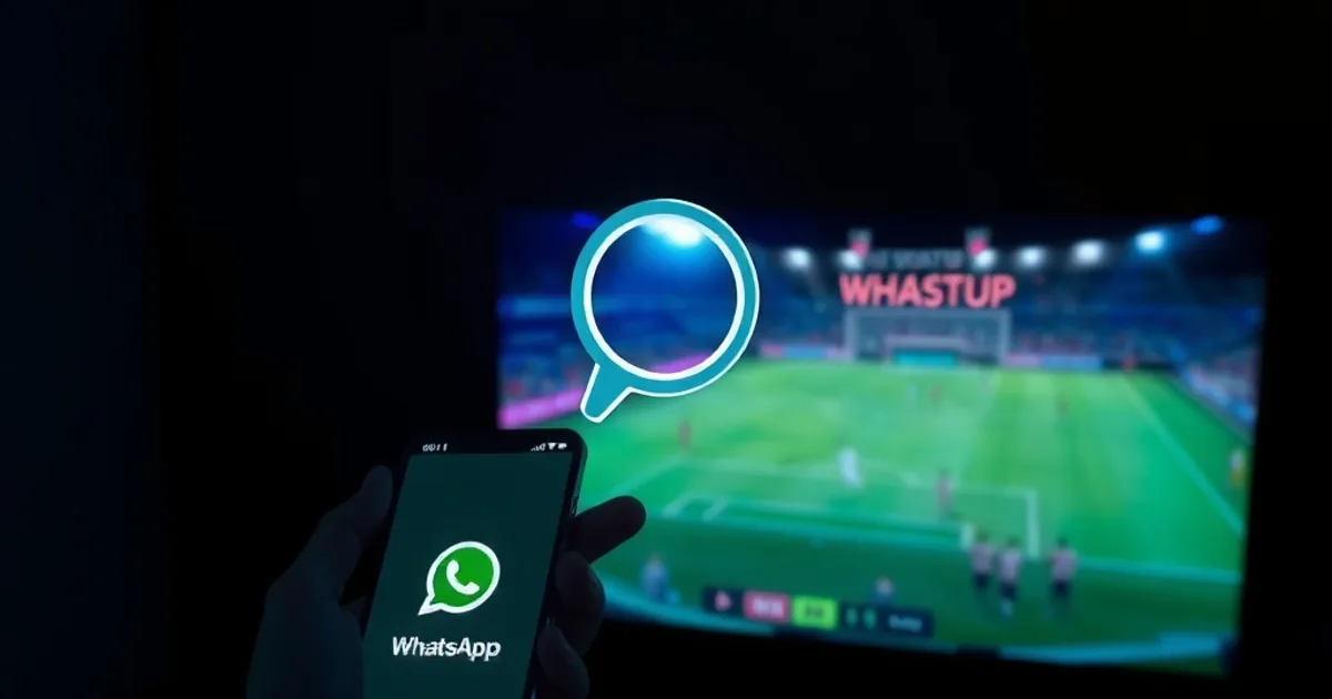 Iemand houdt een telefoon vast voor een televisiescherm met een voetbalwedstrijd, met een lichtgevend vergrootglas-symbool dat controle en verificatie symboliseert