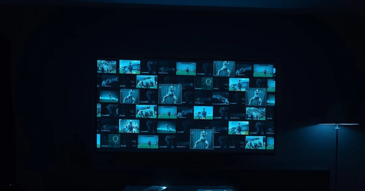 Donkere woonkamer 's avonds verlicht door een tv-scherm met meerdere gelijktijdige wedstrijdbeelden, sfeerbeeld voor IPTV-proefperiode timing rond de Champions League