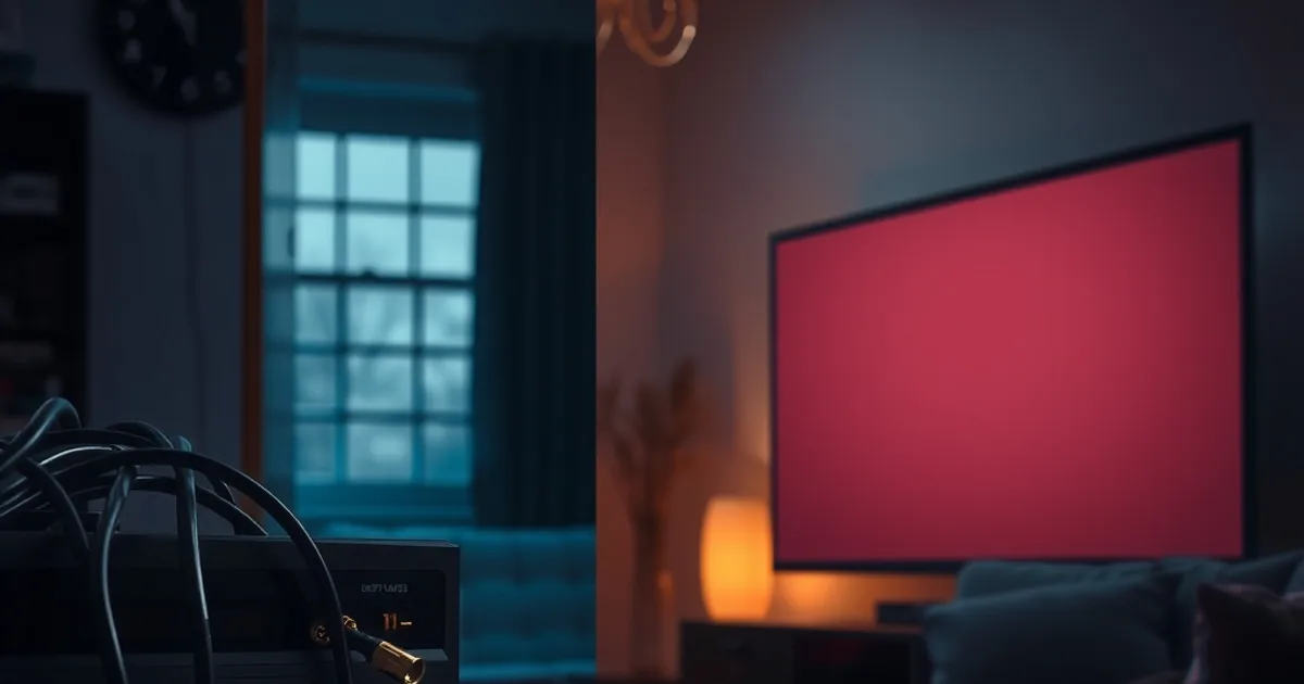 Donkere huiskamerscène met een verouderde kabel-decoder met kabels tegenover een moderne smart-tv met streaming-interface