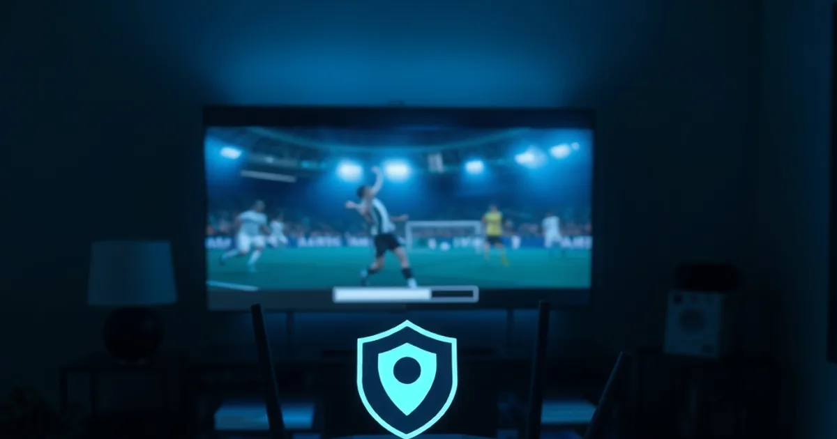 Donkere huiskamer met een bufferend voetbalscherm en een router op de achtergrond, symbool voor een IPTV-verbinding die op blokkade wordt getest